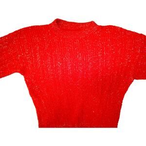 Handmade Women’s Sweater Red Cable Knit Silver Threads Crew Neck Size Medium